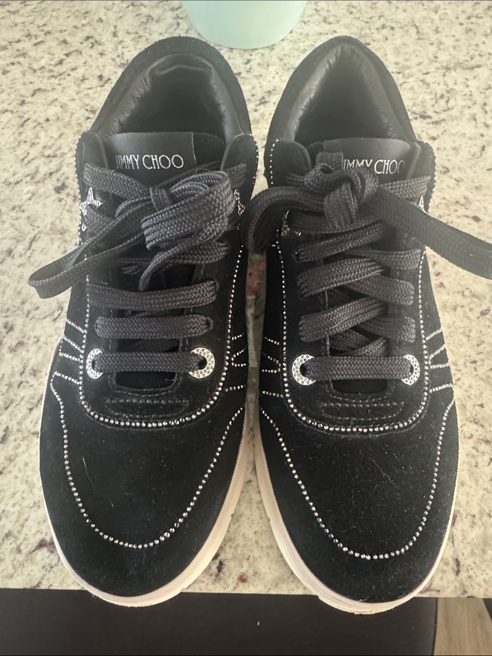 Jimmy Choo Hawaii Black Suede Crystal-Trim Lace-Up Sneakers Size 37.5 (US 7)